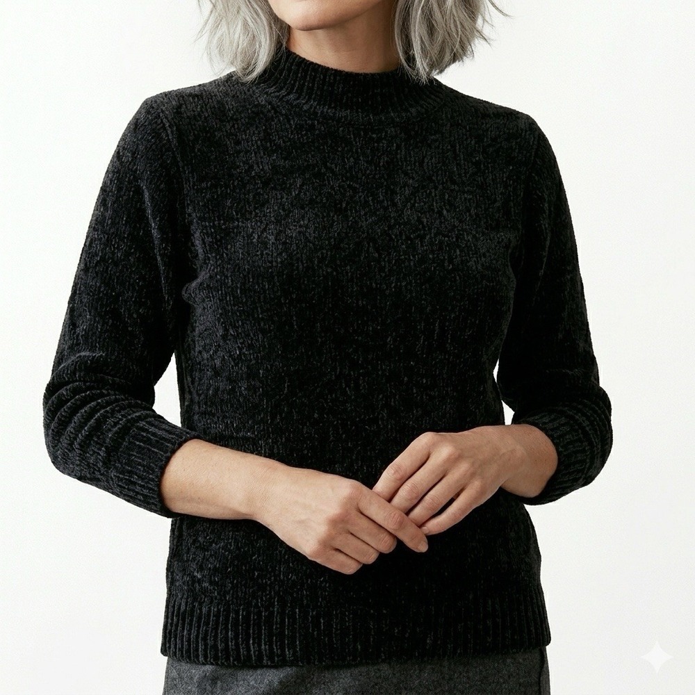 Vintage 90s Black Mockneck Velour Sweater Villager Sport Petite XL Liz Claiborne